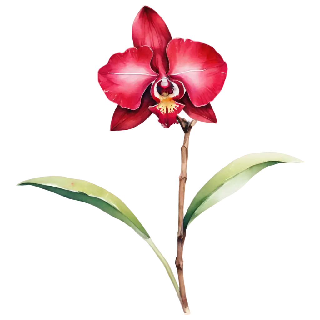 Red-Orchid-on-Green-Stem-SemiTransparent-Watercolor-PNG-for-Elegant-Design-Projects