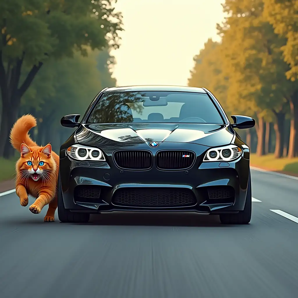 tinted windows, black BMW M5 chasing a fluffy red cat, who is running away in fear along the road, with blue eyes, comic