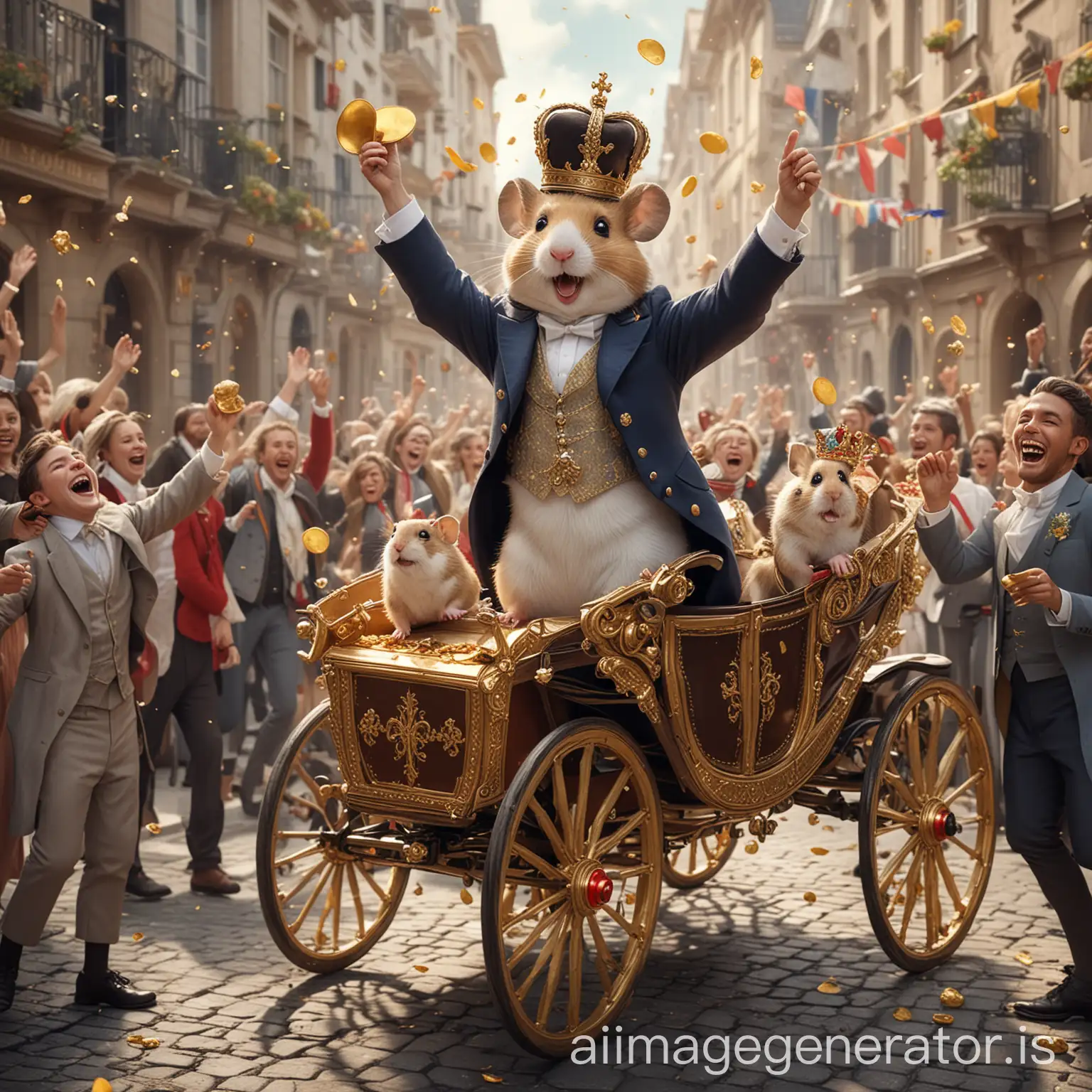 people celebrating in the streets, happy and well dressed, holding a royal carriage where there is a king hamster, which is throwing gold coins at people, everyone is happy and excited, in a realistic style