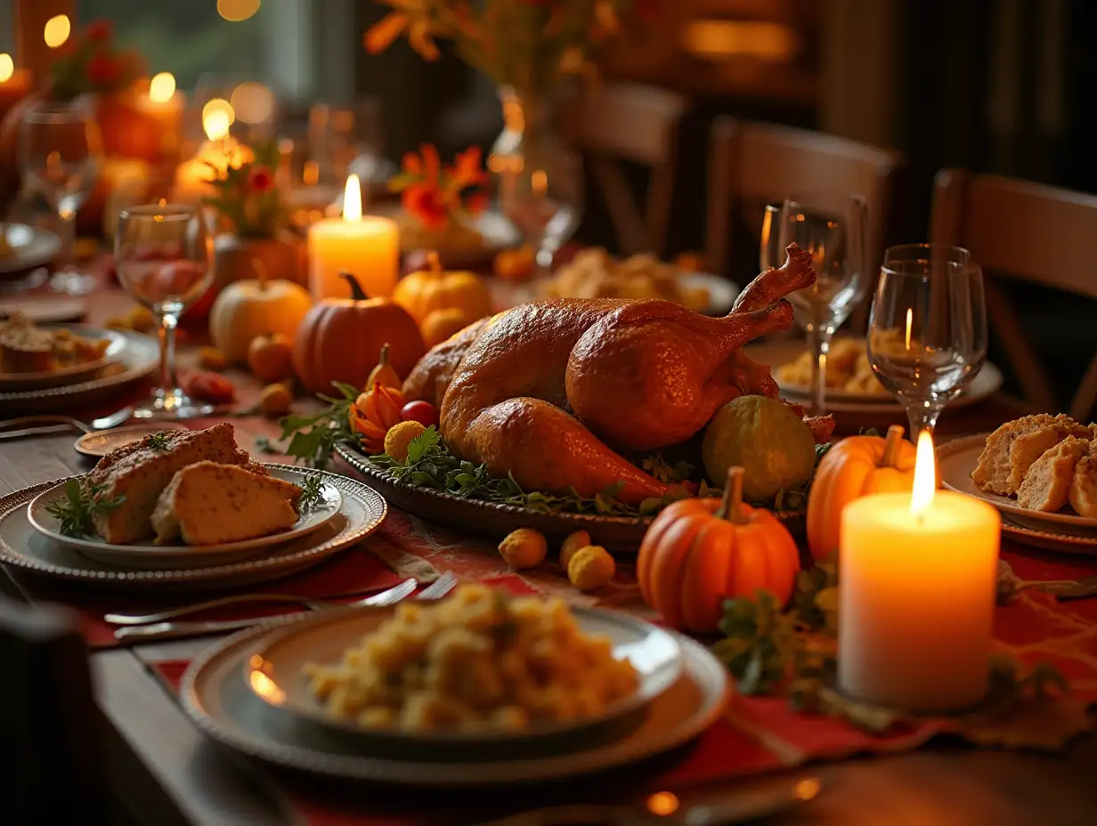 Happy Thanksgiving to my American followers, lavishly laid table with typical Thanksgiving dishes, lots of details in 4k resolution, photorealistic. The text 'I hope you stocked up on CANDLES!' should be visible in the picture