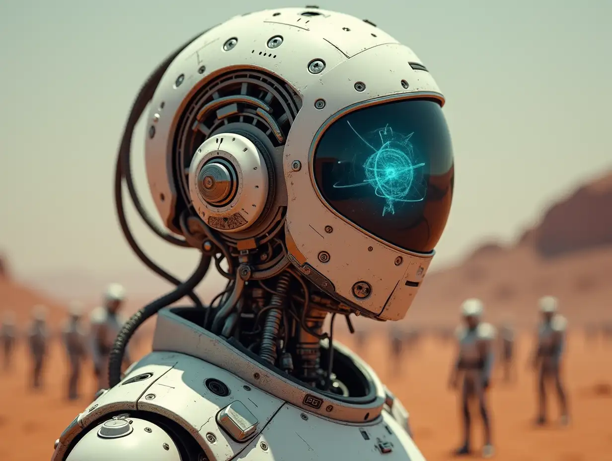 Create a high-resolution, realistic image of the artificial intelligence Robert, 10Meter tall, with gears on the cheeks and glass head with visible glowing sapphire brain, screws with many people with helmets and breathing masks on the ground, Mars 4k resolution with   