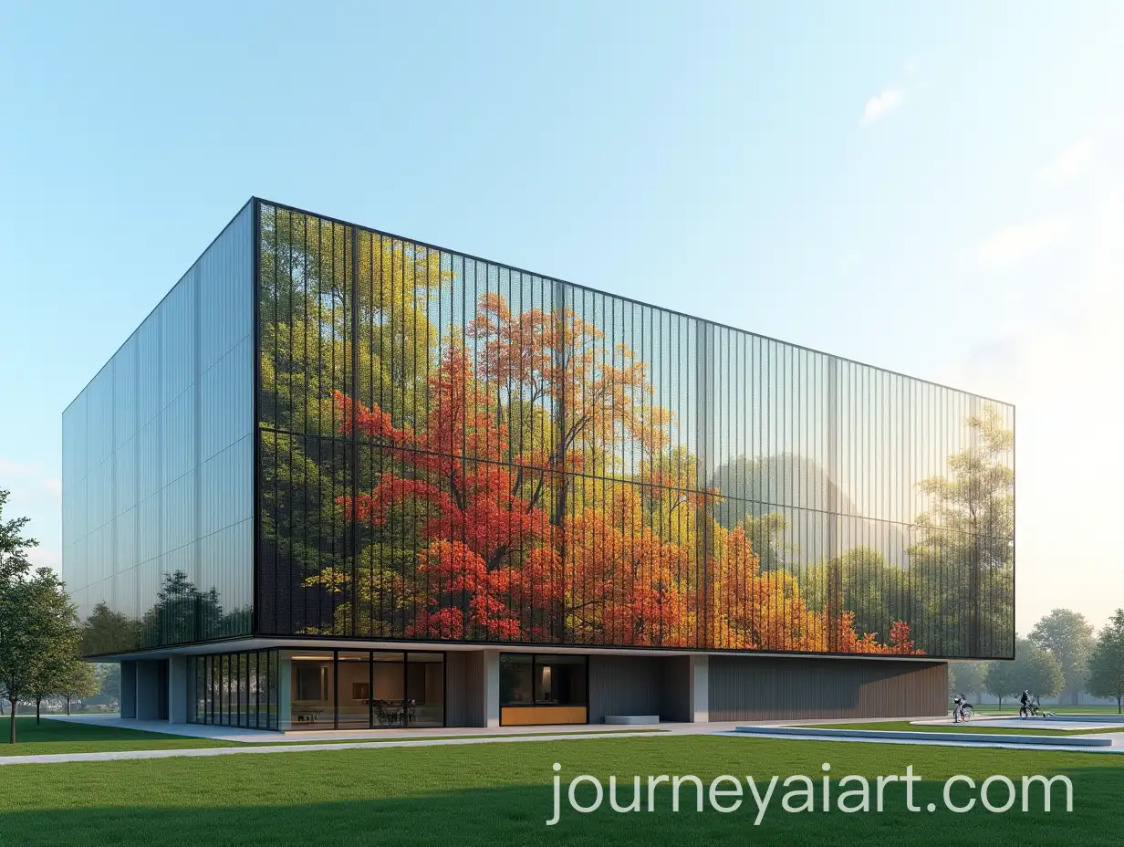 Modern-Commercial-Building-with-ForestThemed-Glass-Faade-in-Autumn