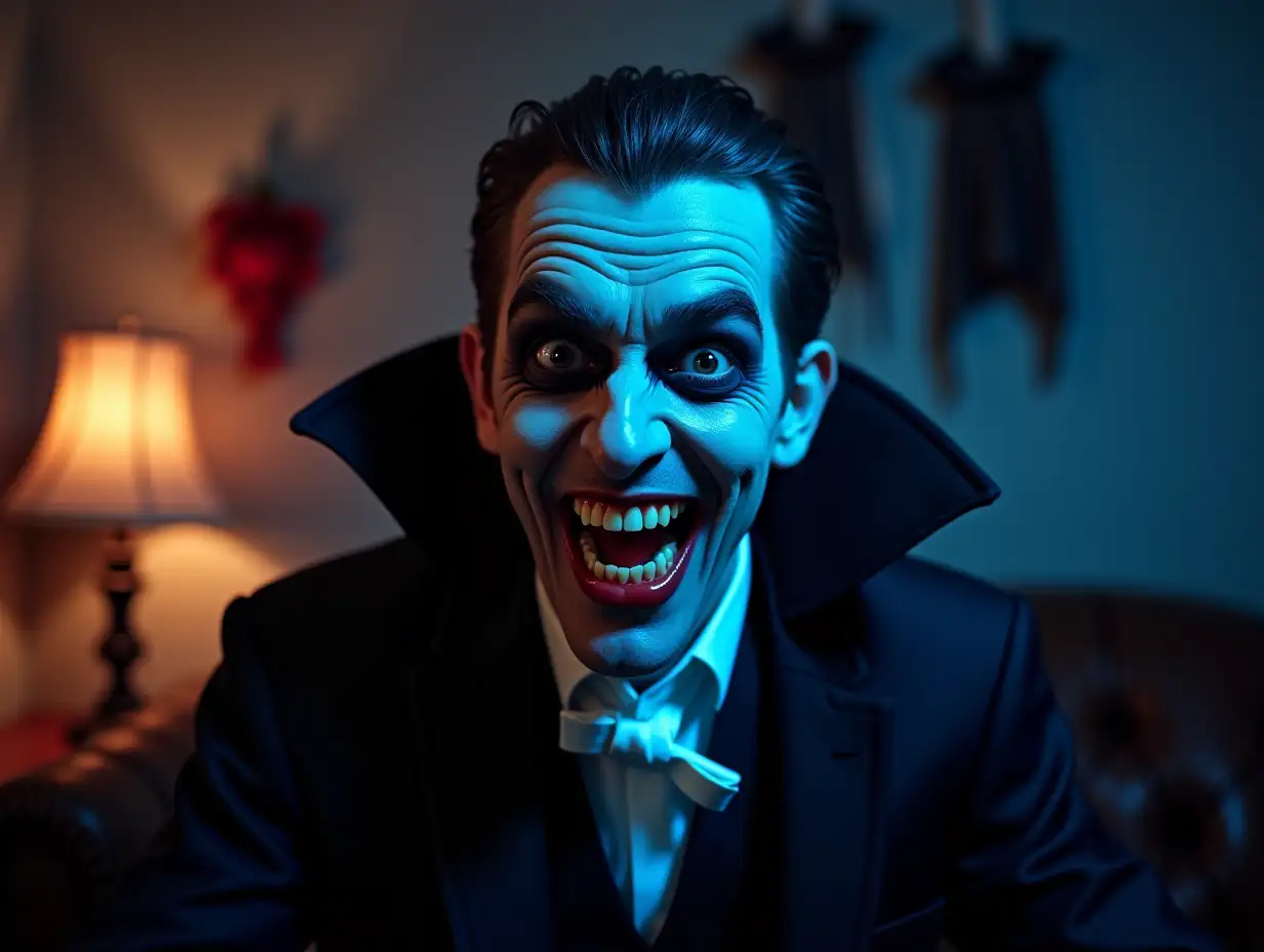 Halloween Costume Party Portrait of Count Dracula Smiling Creepily, Shows His Deadly Bloody Fangs. In the Background Thematically Decorated Room with Scary Stuff. Deadly Blue Colors