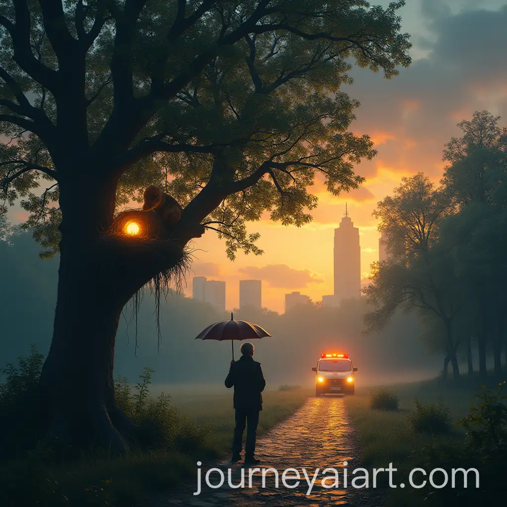 OvenBird-Nest-in-a-Tree-with-Old-Man-and-Ambulance-in-City-Park-at-Sunset-with-Rain