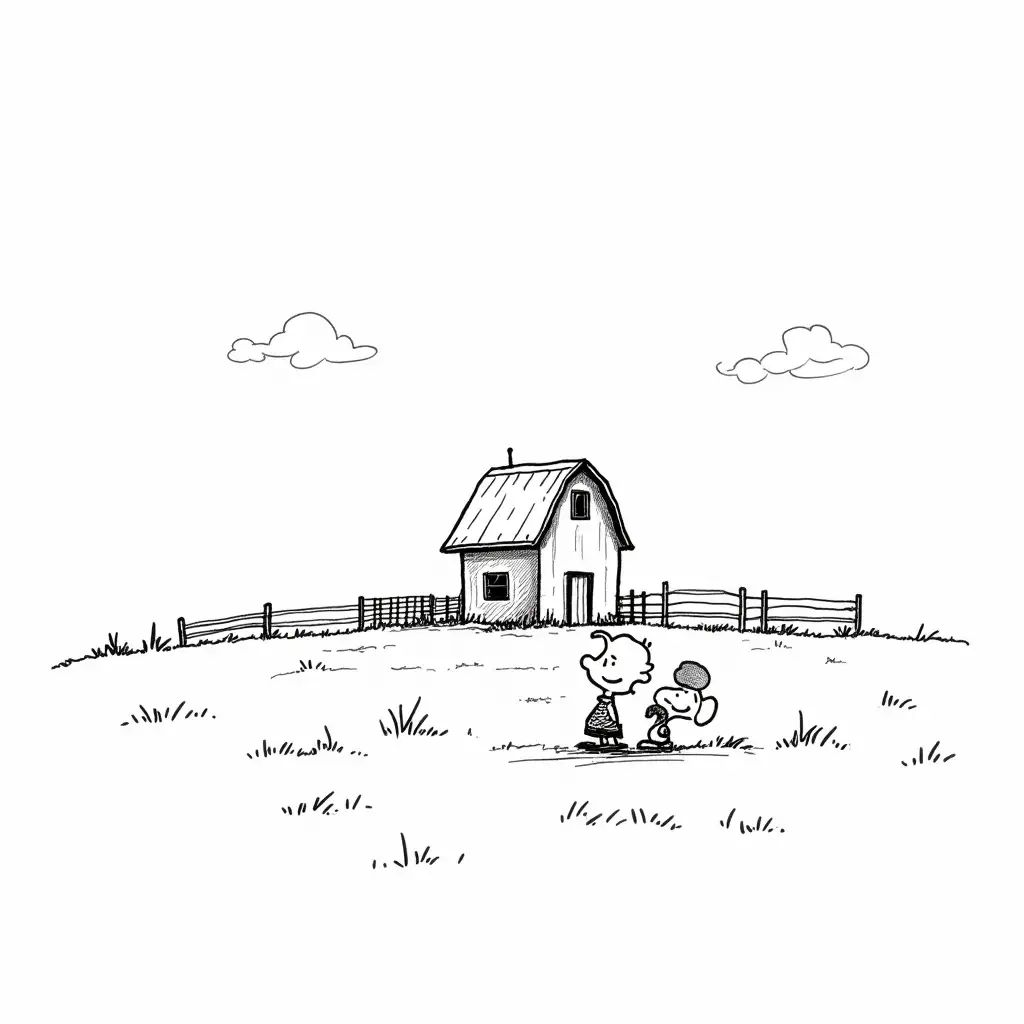 Charming-Black-and-White-Cartoon-Farmhouse-in-Peanuts-Style