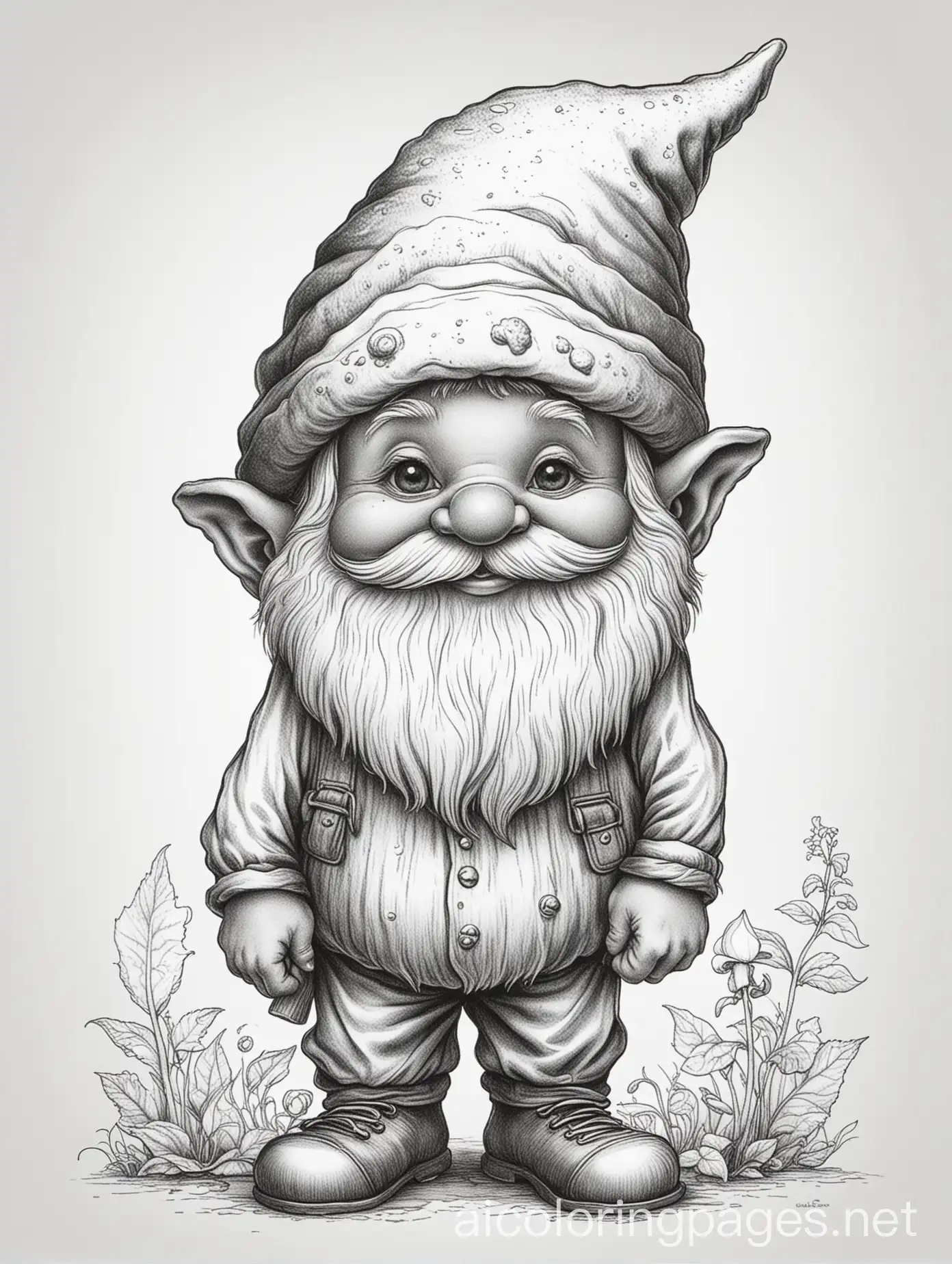 Adorable-Black-Gnome-Surrounded-by-Mushrooms-in-a-Simple-Line-Drawing