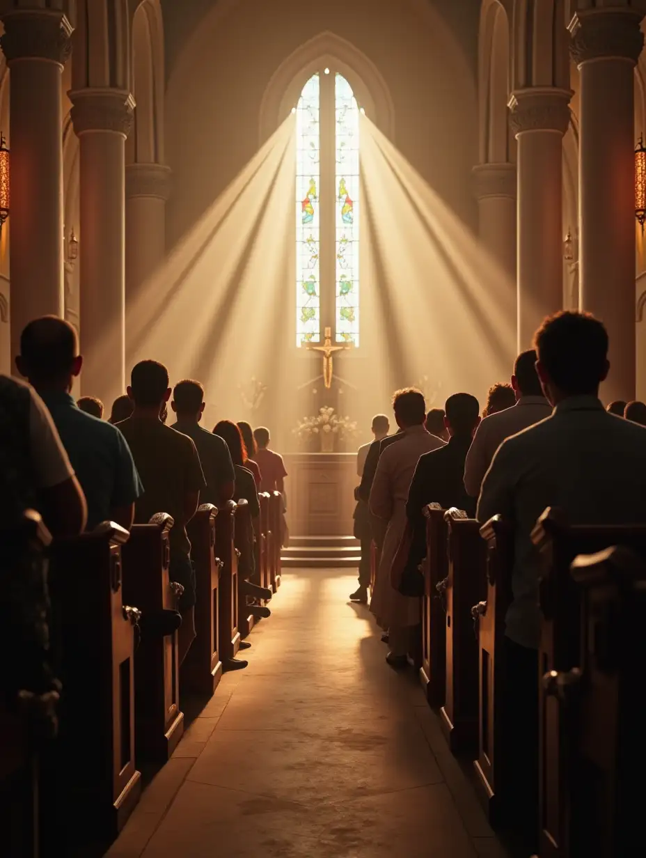 A wide-angle view of a packed church sanctuary, people kneeling at the altar and in pews, some with hands raised while others clasp their hands tightly, as soft rays of sunlight filter through the stained glass windows.