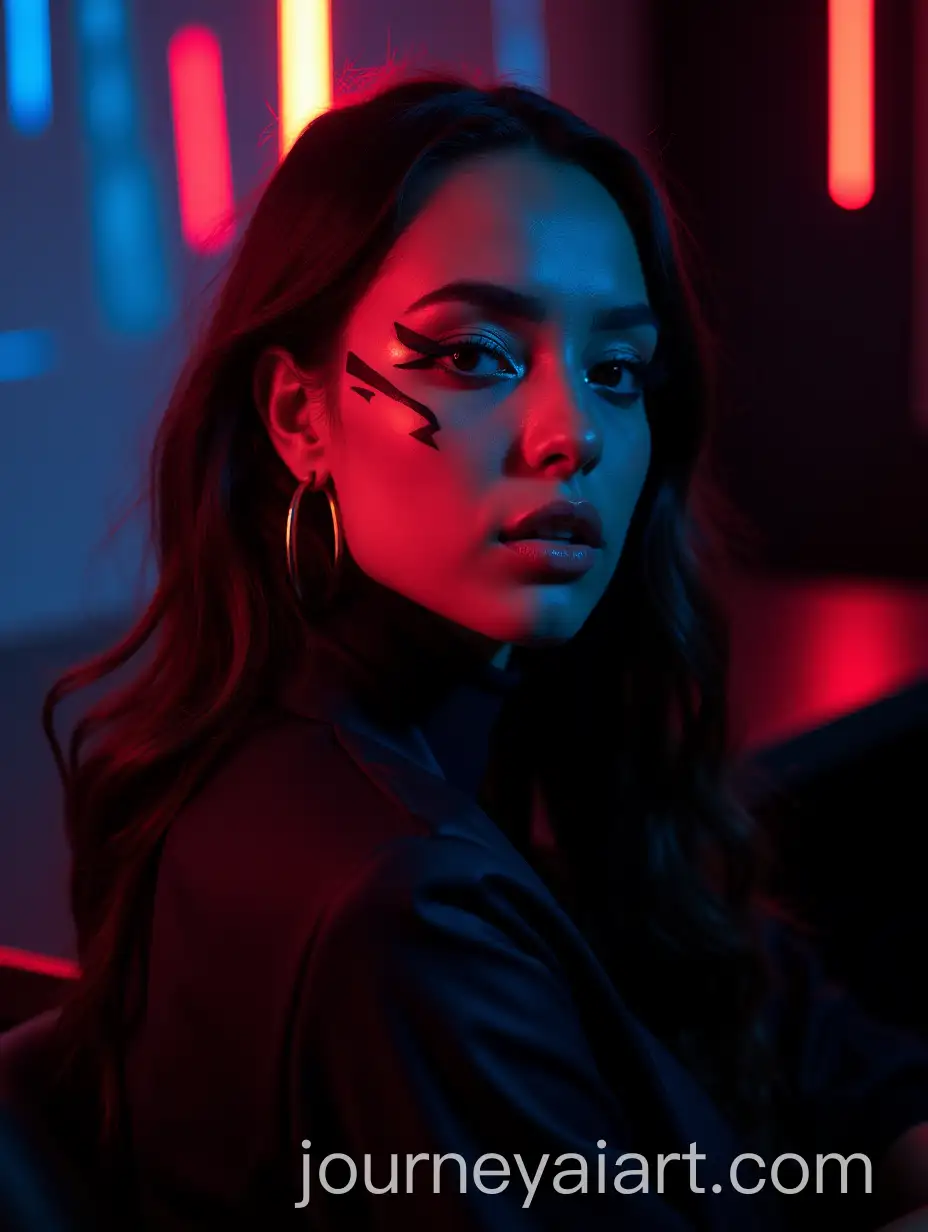 Cinematic-Portrait-of-Woman-with-Geometric-Makeup-and-Neon-Lights