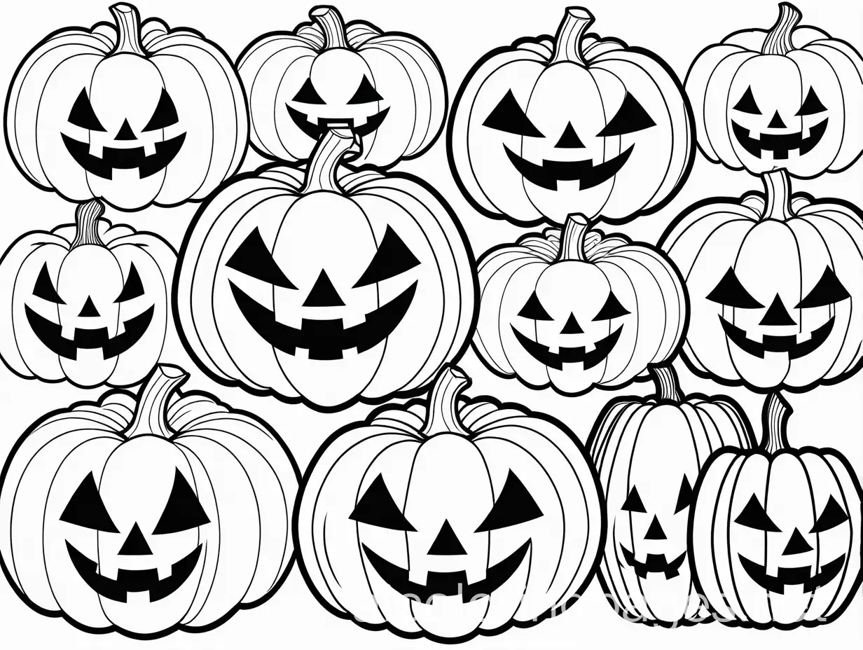 Detailed jack-o'-lanterns with different expressions, white background, basic lines, cartoon style, Coloring Page, black and white, line art, white background, Simplicity, Ample White Space. The background of the coloring page is plain white to make it easy for young children to color within the lines. The outlines of all the subjects are easy to distinguish, making it simple for kids to color without too much difficulty