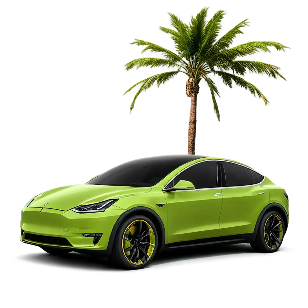 Tesla-Model-Y-Lime-Green-with-Gold-Rims-PNG-Image-Near-Palm-Tree-HighQuality-Visual-for-Stunning-Design-Projects