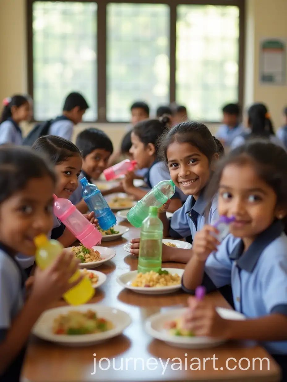 Group-of-Indian-School-Children-Enjoying-Lunch-in-Cafeteria-with-Colorful-Bottles