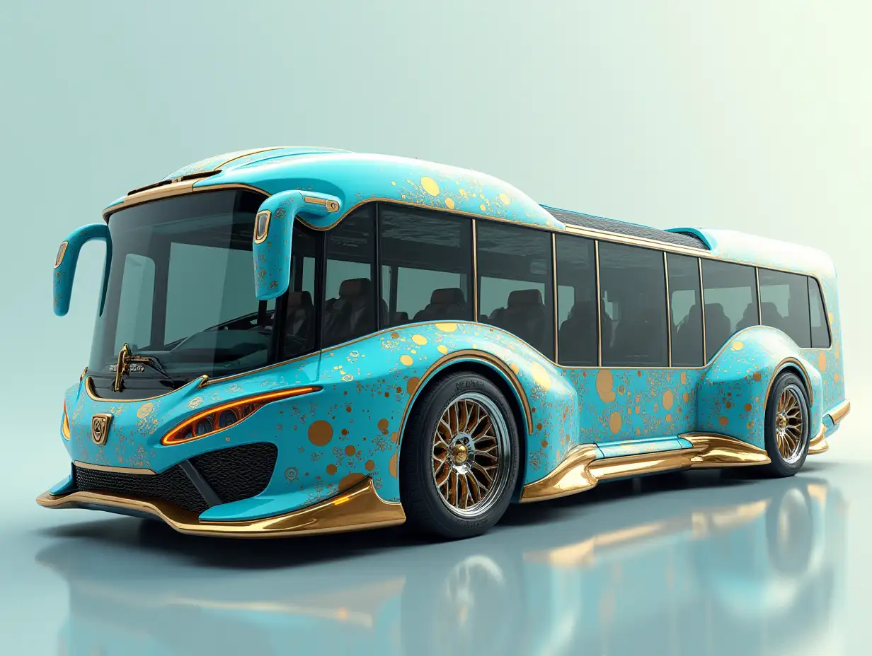 Supermodern utopian sports Omnibus with gears, lowered body, 18-inch rims, aluminum wheels, Creamblue Gold, Cyberpunk.