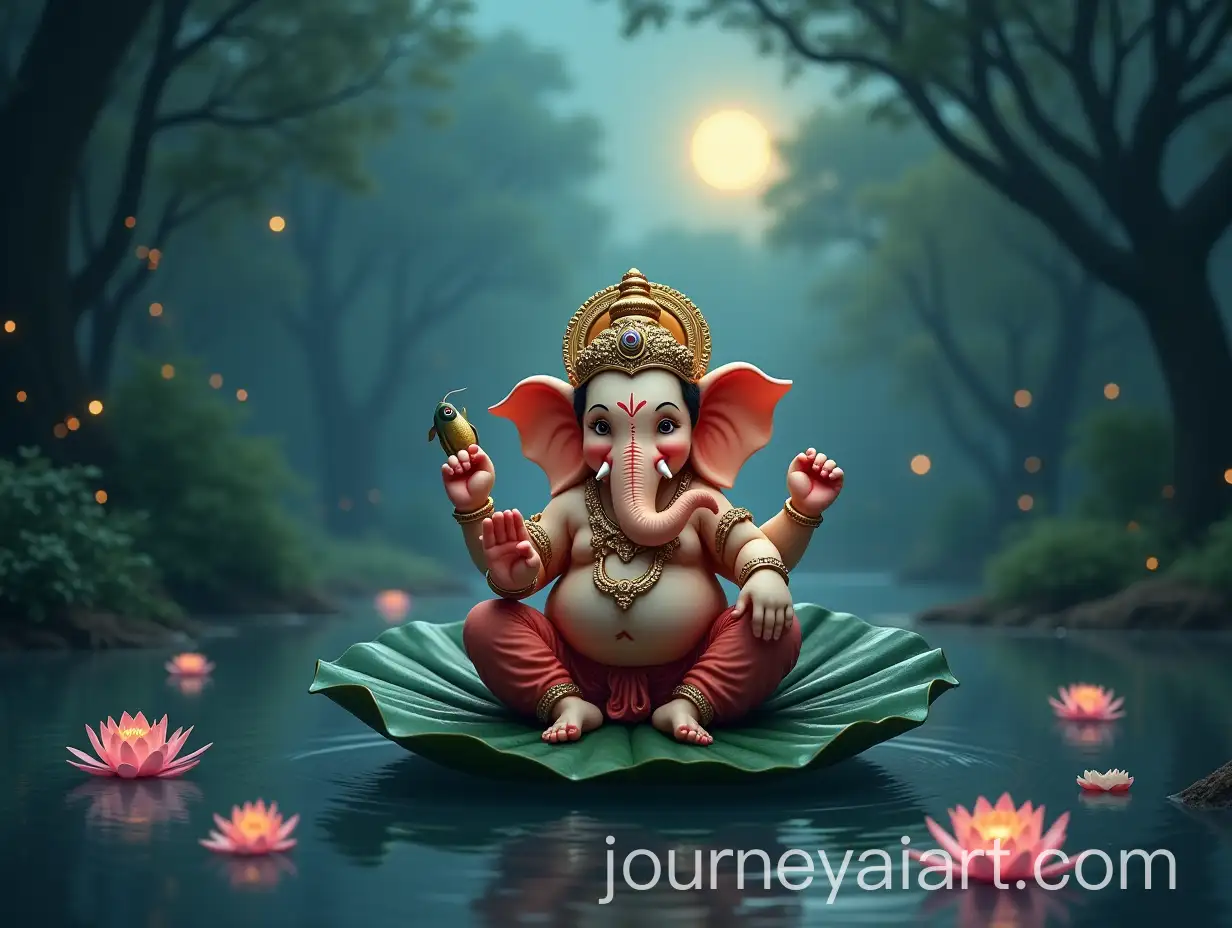 Lord-Ganesh-Playfully-Sitting-on-a-Leaf-in-a-Moonlit-River-with-Lotus-Flowers