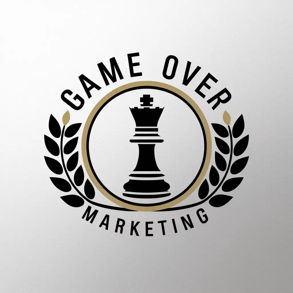 LOGO Design For Game Over Marketing Elegant Chess King with Laurel Leaves in Black Gold