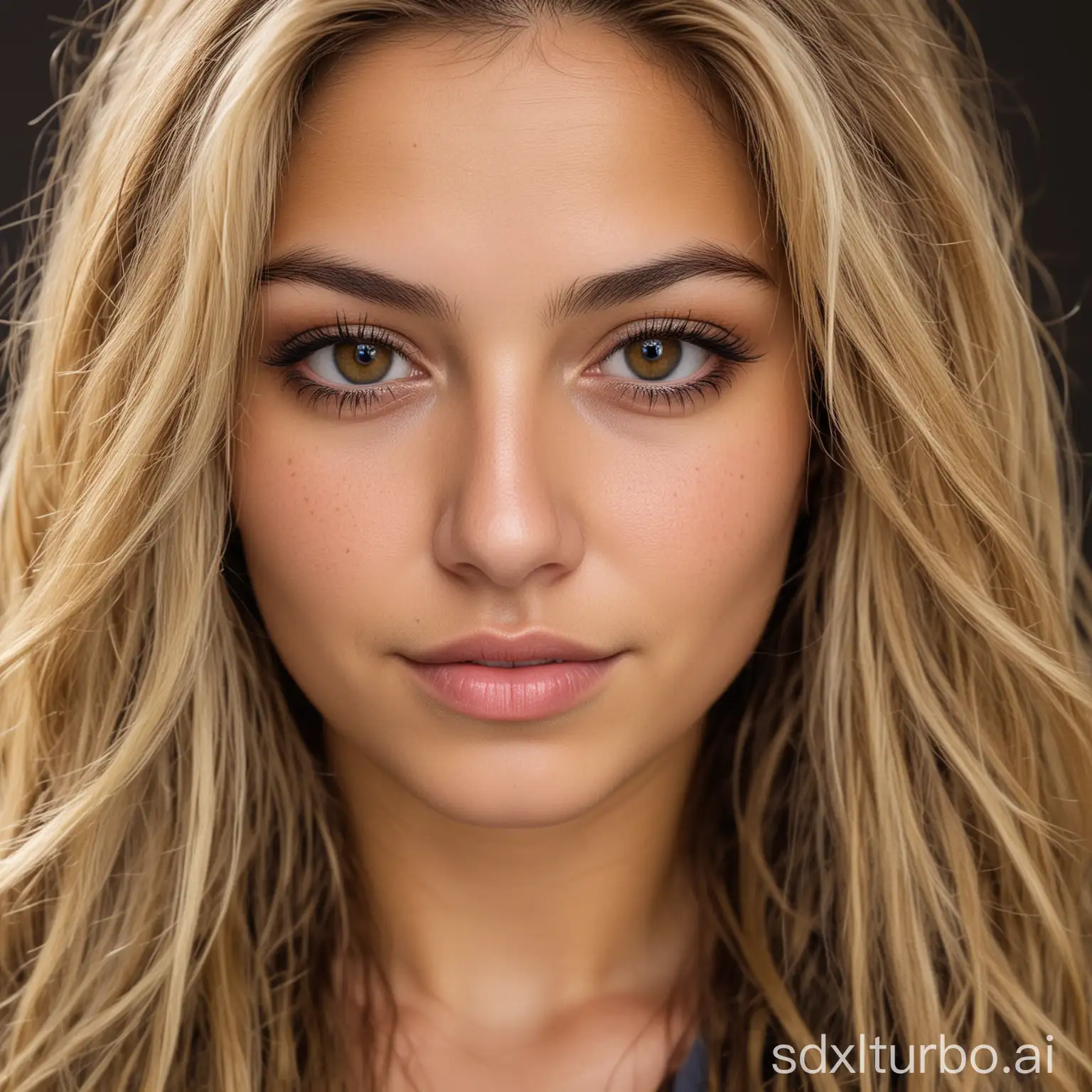 Beautiful woman, 25 years old. Hazel eyes, and striking features. Ethnicity is Mexican and white with long dirty blonde hair. Slight smile but with a mischievous facial expression. Perfect skin.