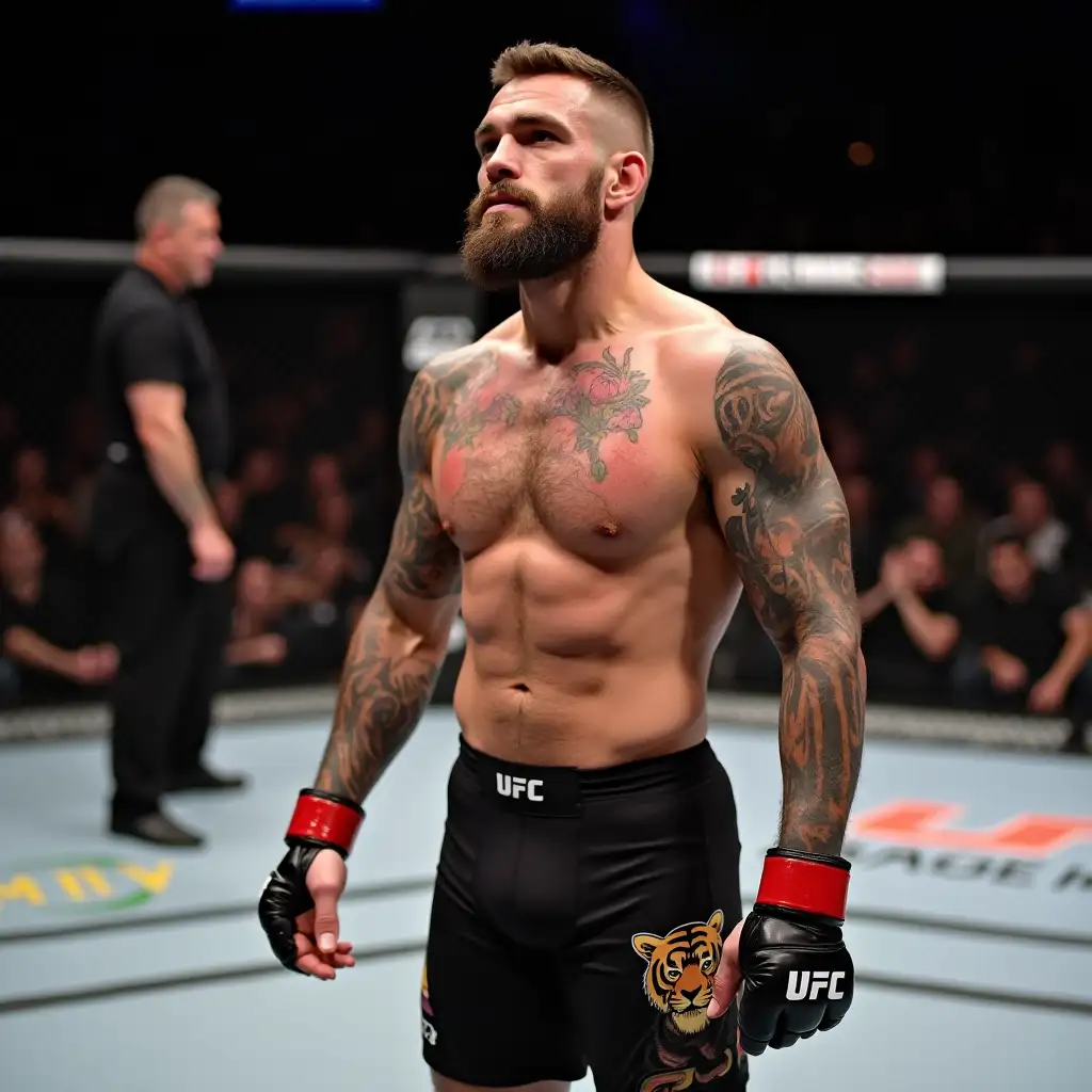 Muscular-UFC-Fighter-in-the-Octagon-with-Tattoos-and-Red-Gloves