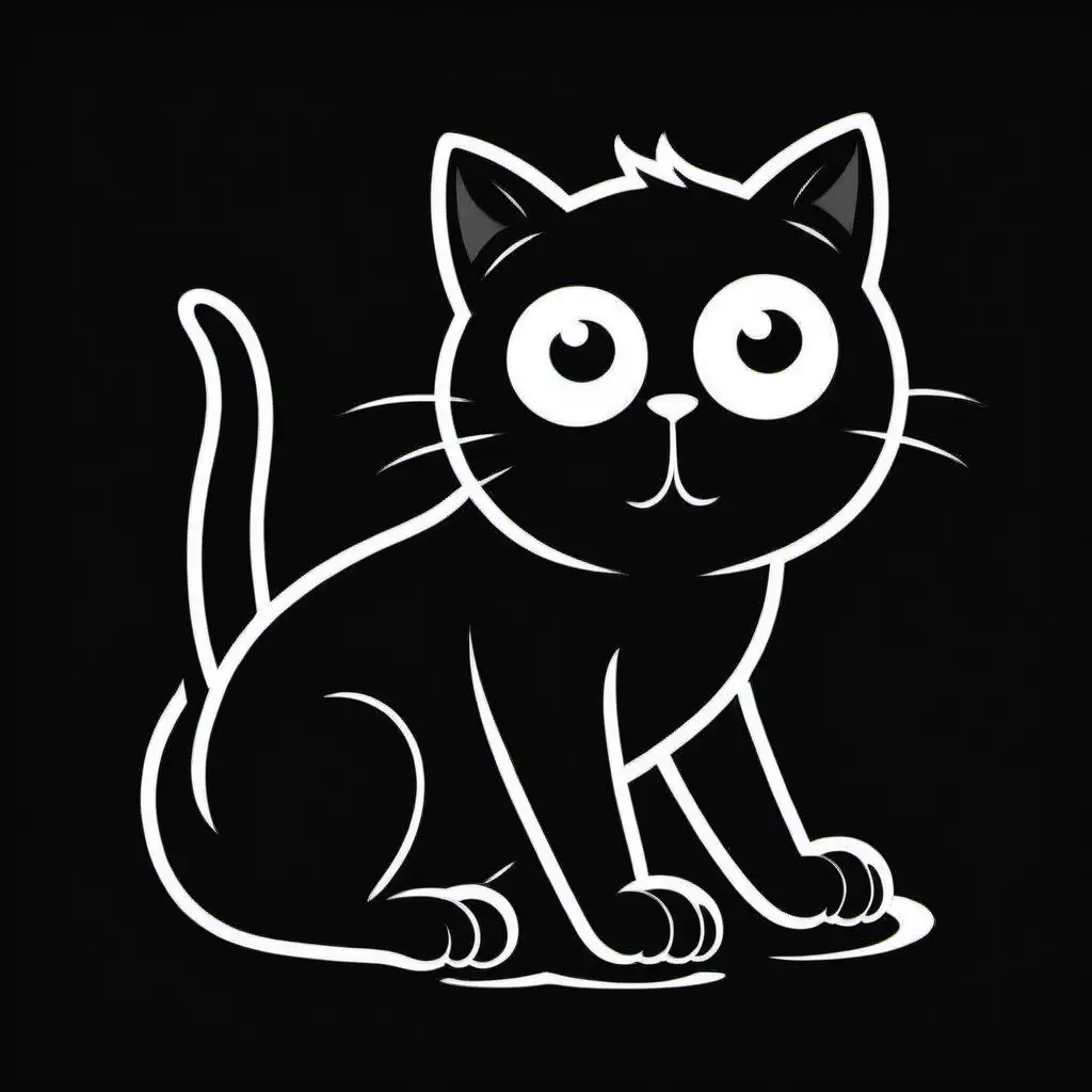 Comical Cat Crouching on Black Background with White Outline