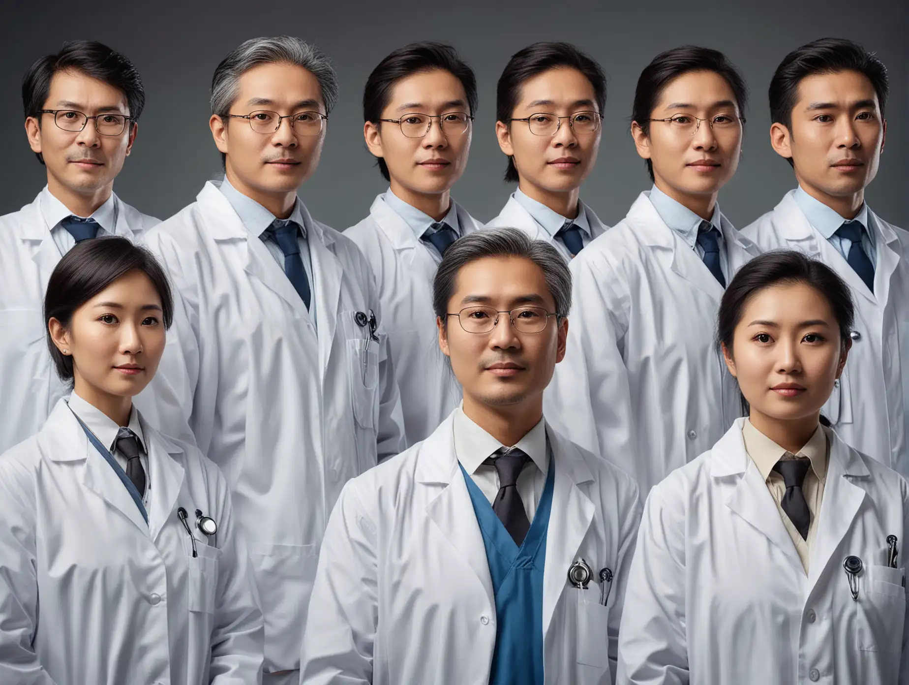 Generate an image with 5 doctors standing in a row, older ones in the middle, tallest at the back, closest to farthest, triangular composition, Asian faces, all figures half-length, wearing white lab coats, looking up from a high angle, perspective view