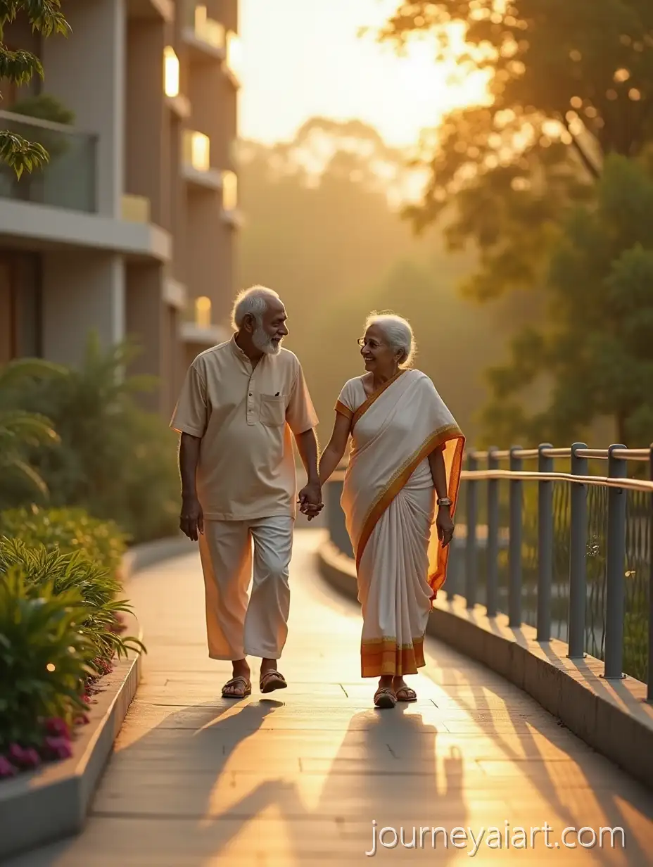 Elderly-Indian-Couple-Walking-HandinHand-on-a-Modern-Skywalk-Amid-Lush-Greenery