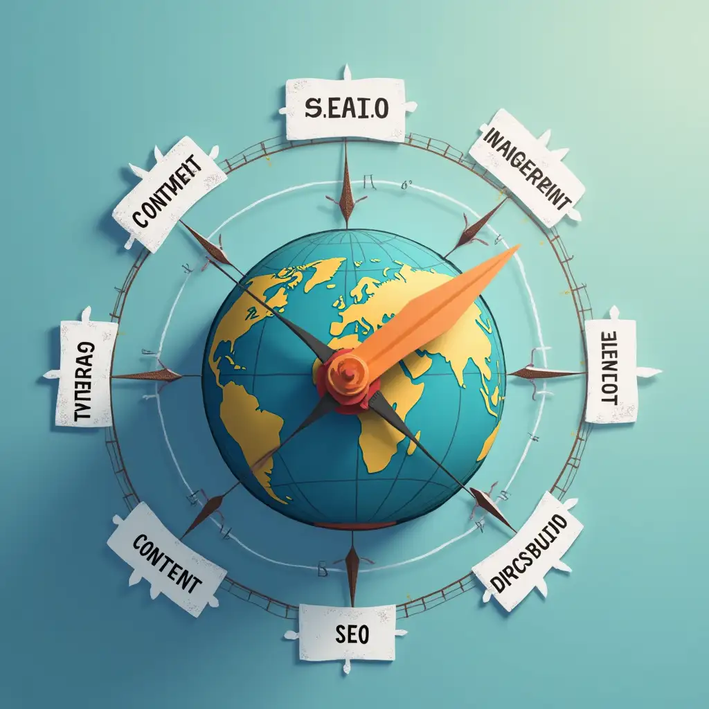 a globe in the background . a metaphorical compass pointing to various directions, which direction labeled with service like seo, social media management, content creation. an animated arrow travels around the compass, stoopping at each service briefly