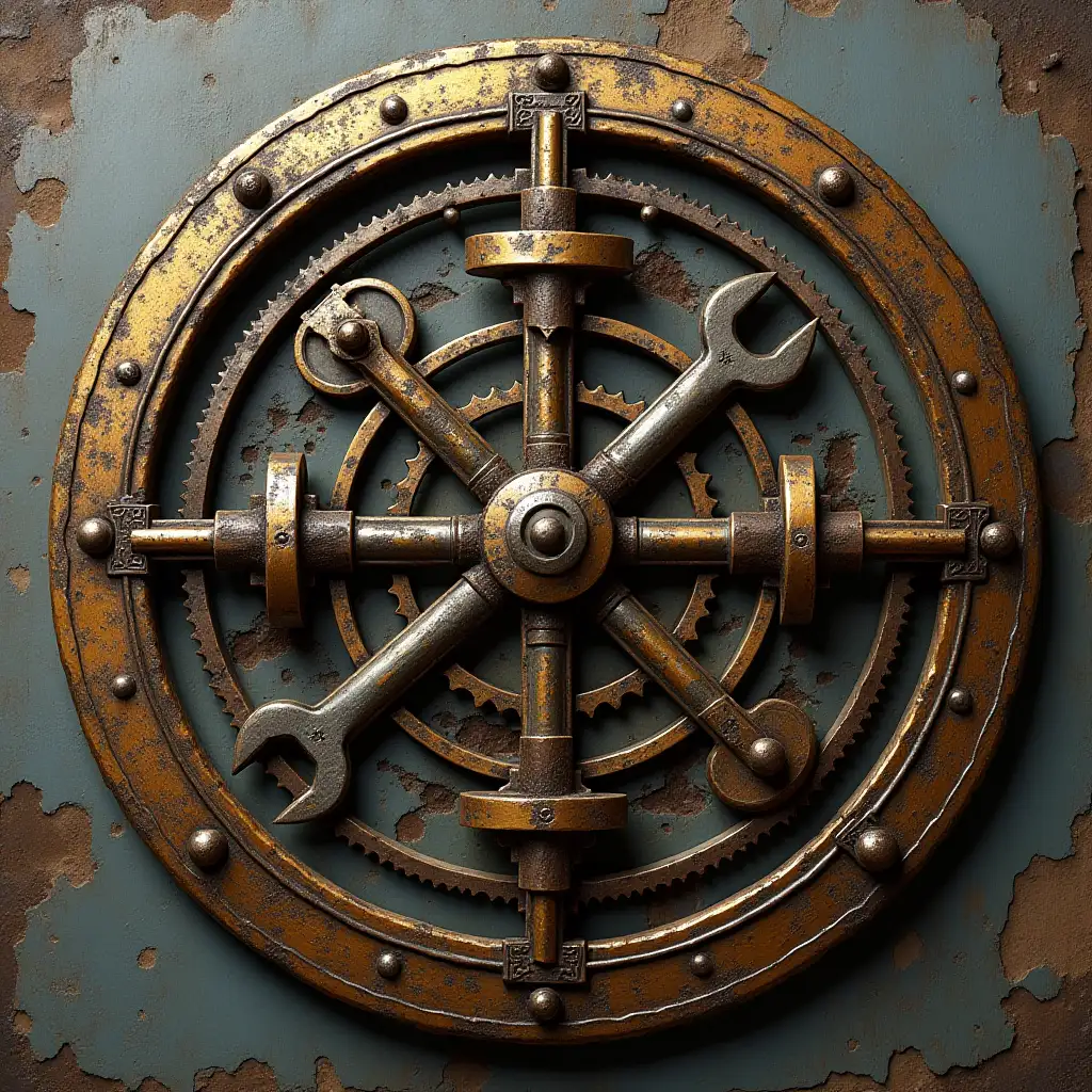 round-icon in frame with medieval-mechanical-heraldry of gears and mechanisms and wrenches and bolts