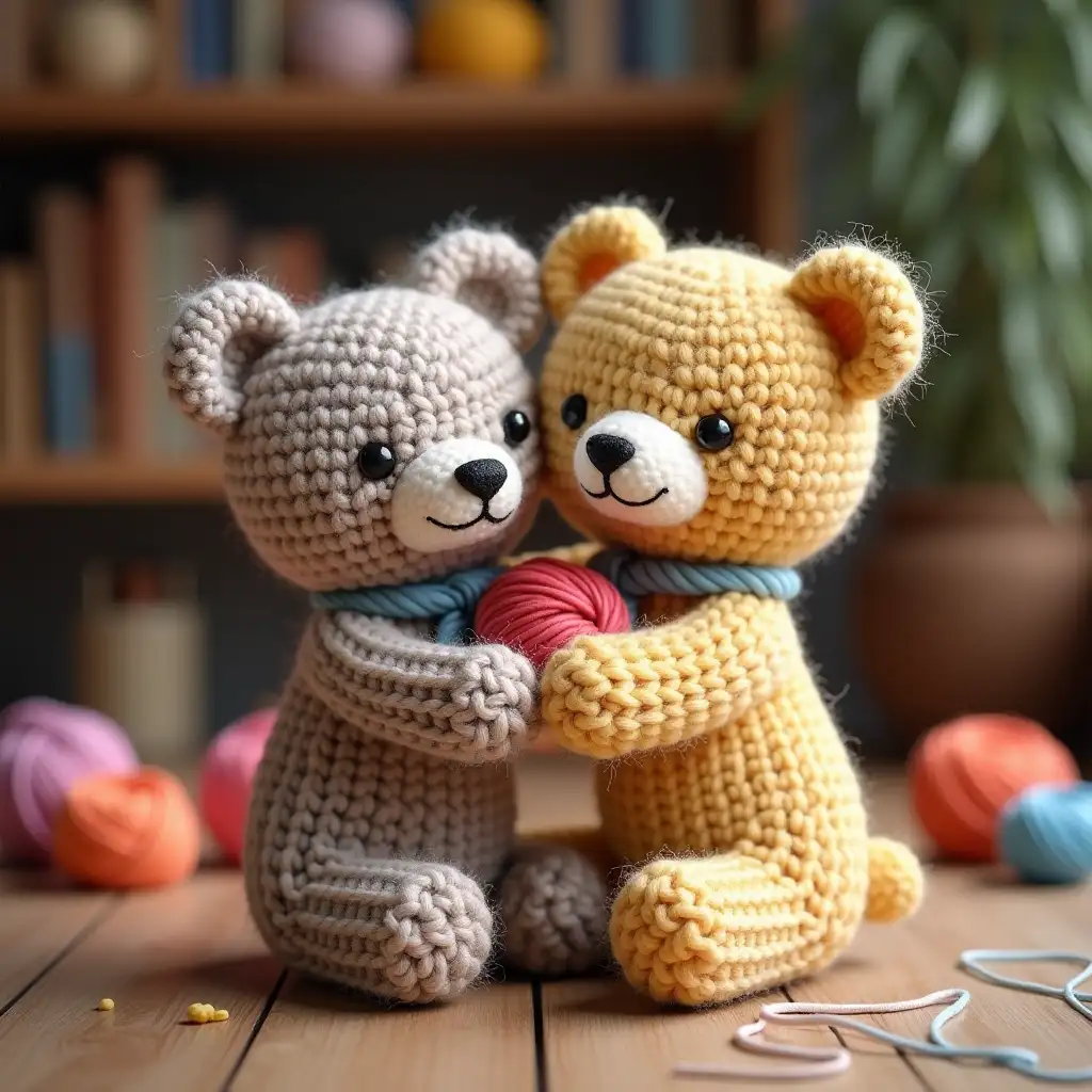 The avatar of our channel is a warm embrace of two knitted bears holding hands. Their soft, fluffy bodies emphasize the comfort and kindness that are inherent in each product presented on the channel. Colorful balls of yarn swirl around them, symbolizing endless creativity and inspiration. In the background, you can see a cozy room with wooden shelves filled with other knitted toys, creating a sense of home and warmth.