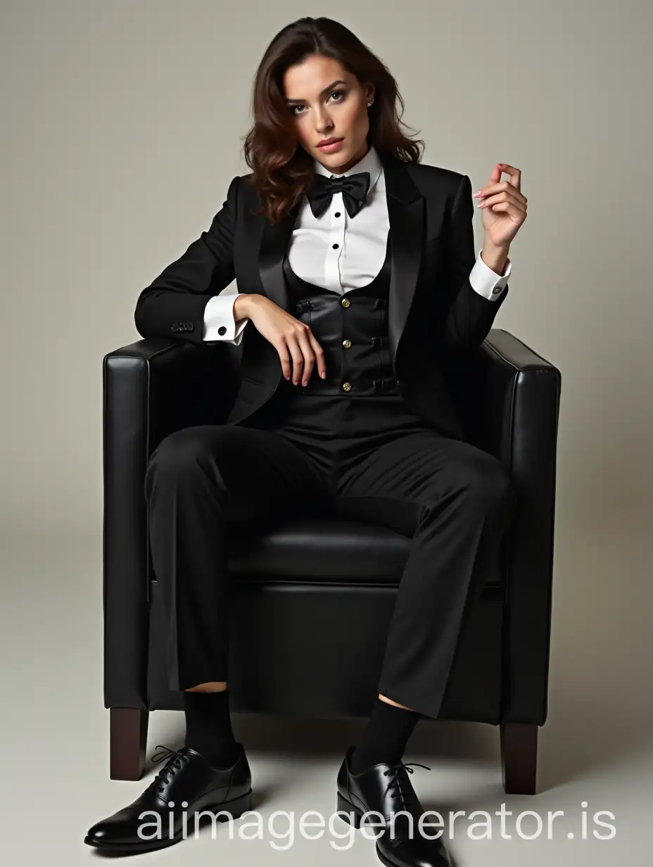 Full body shot of beautiful and sultry brunette Russian female woman movie actress, wearing man's Oxford shoes, wearing formal black tuxedo, bow tie, cummerbund, pocket square, tuxedo shirt with spread collar and cuff links, black socks, sitting in masculine pose, in chair, in front of blank background