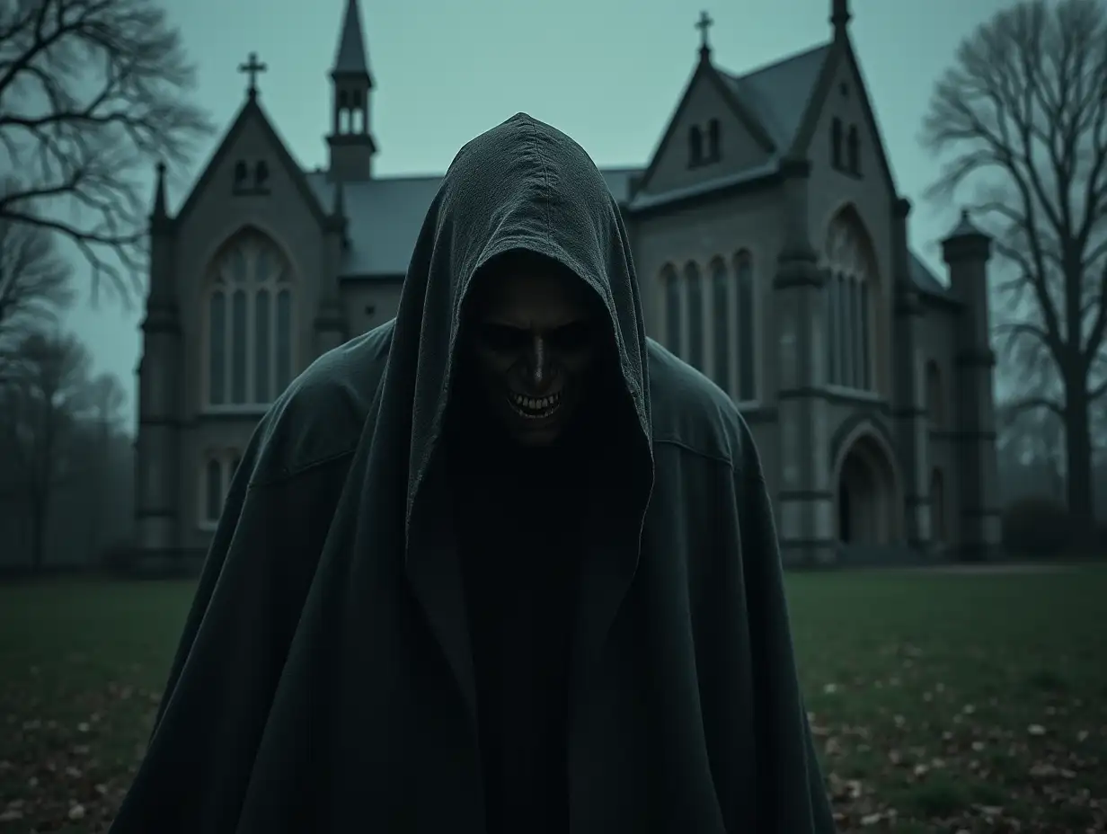 Hunched Figure Silhouetted Against a Gothic Building