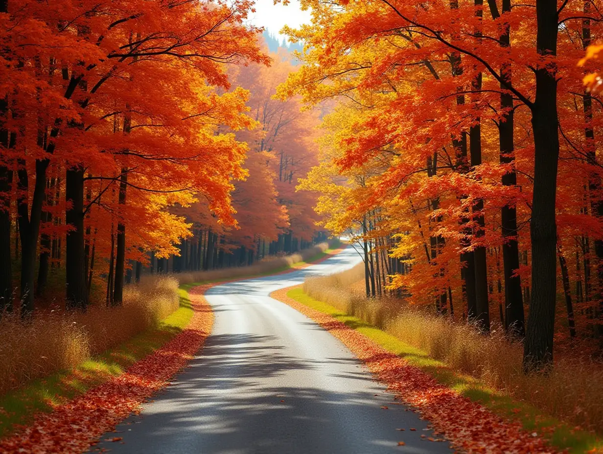 Autumn landscape with bright colorful orange and red trees and leaves along a winding country road. Banner format