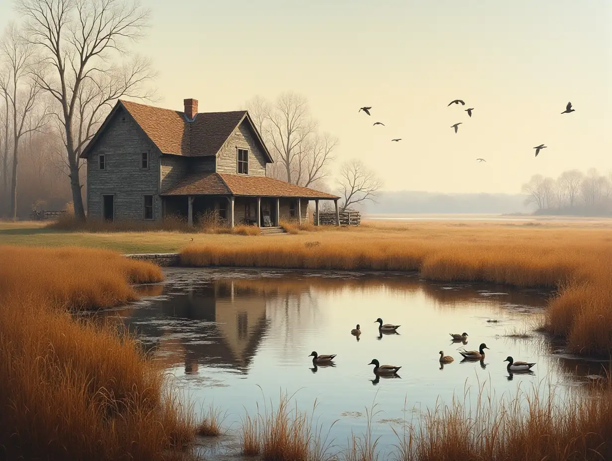 Tranquil Duck Hunting Scene with Old Farmhouse and Pond