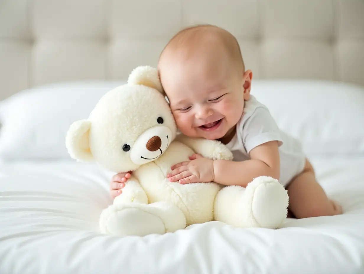 A wide-angle view of a baby sleeping happily, smiling in the embrace of a cute white teddy bear, on a white bed.