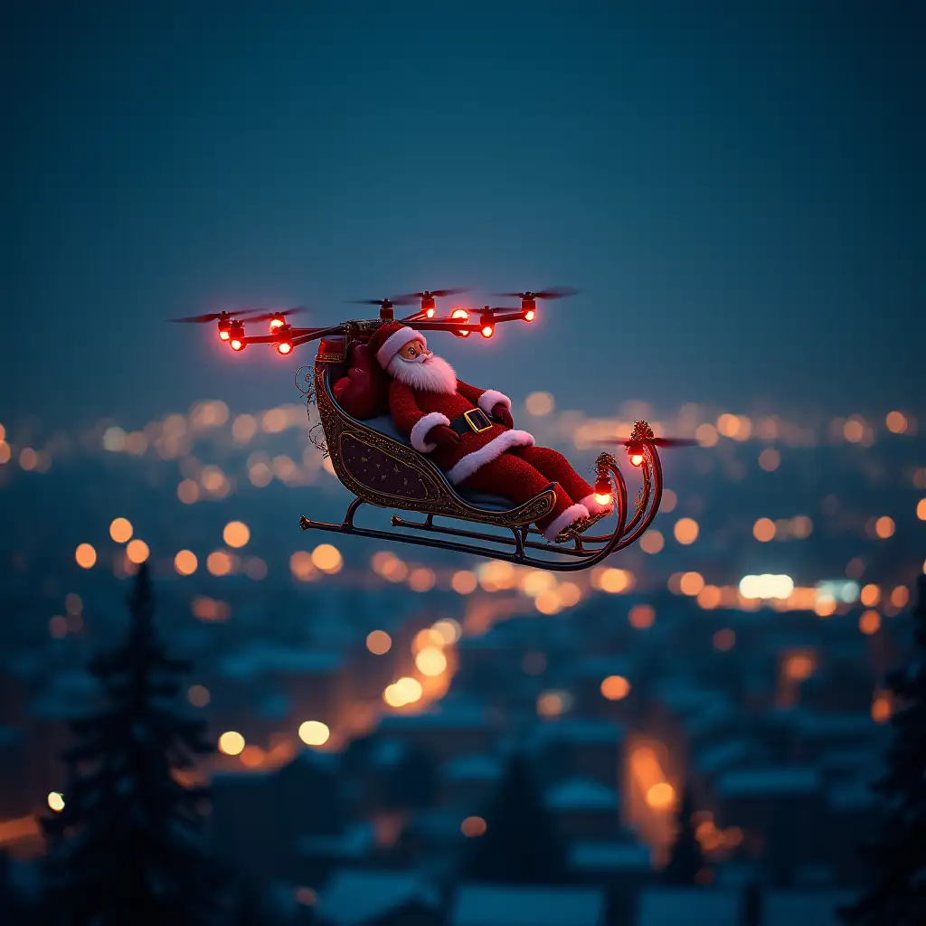 Futuristic-Santa-Claus-Sleigh-with-Illuminated-Drones-Flying-Over-Vibrant-Cityscape-at-Night