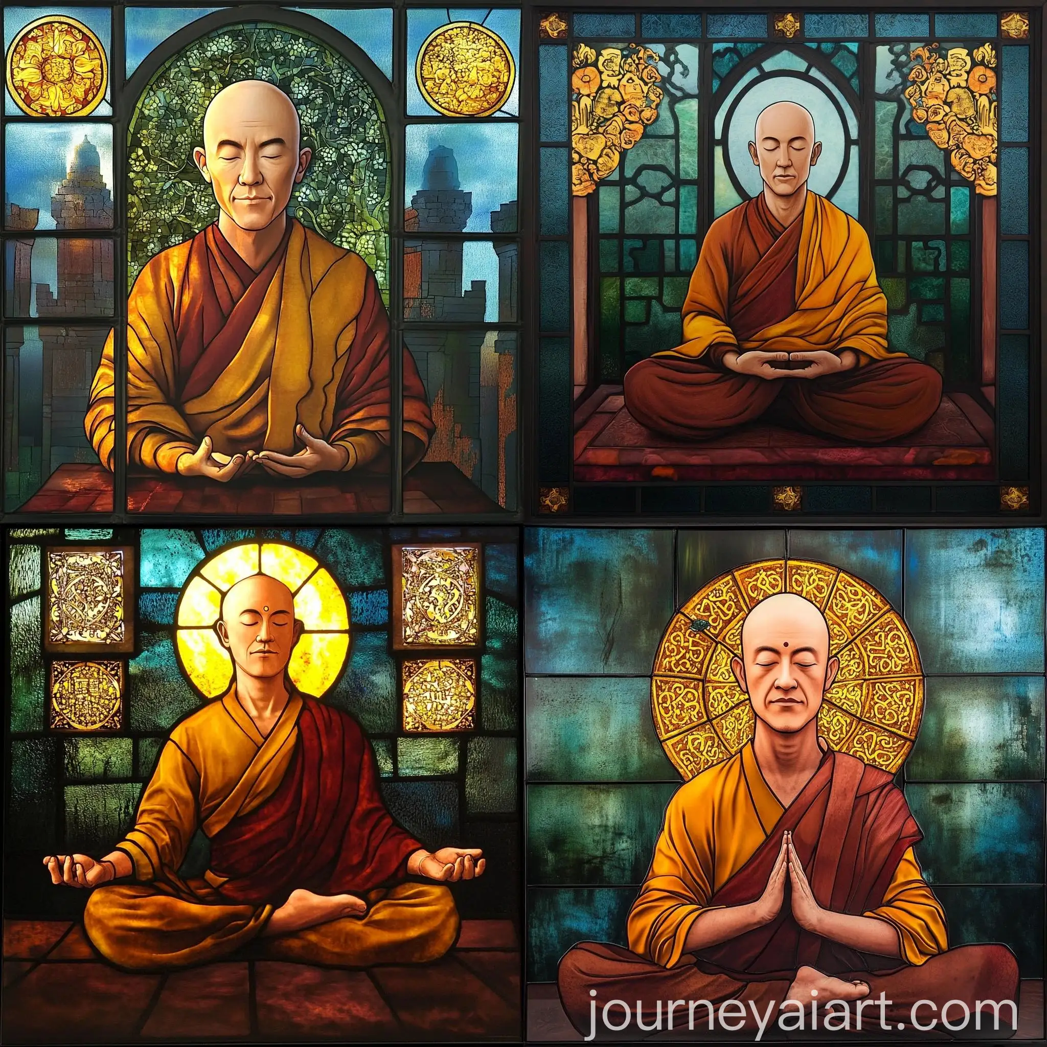 Stained-Glass-with-Mustache-Meditating-in-Temple