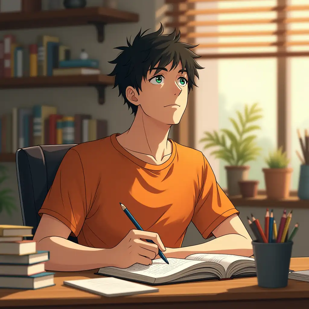 Focused-Young-Man-Studying-at-a-Wooden-Desk-in-Anime-Style