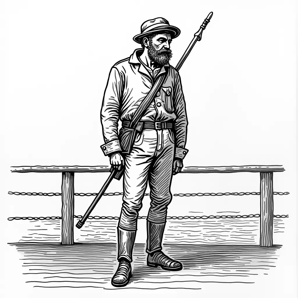19th-Century-Black-and-White-Line-Drawing-of-Seasick-British-Sailor-on-Deck