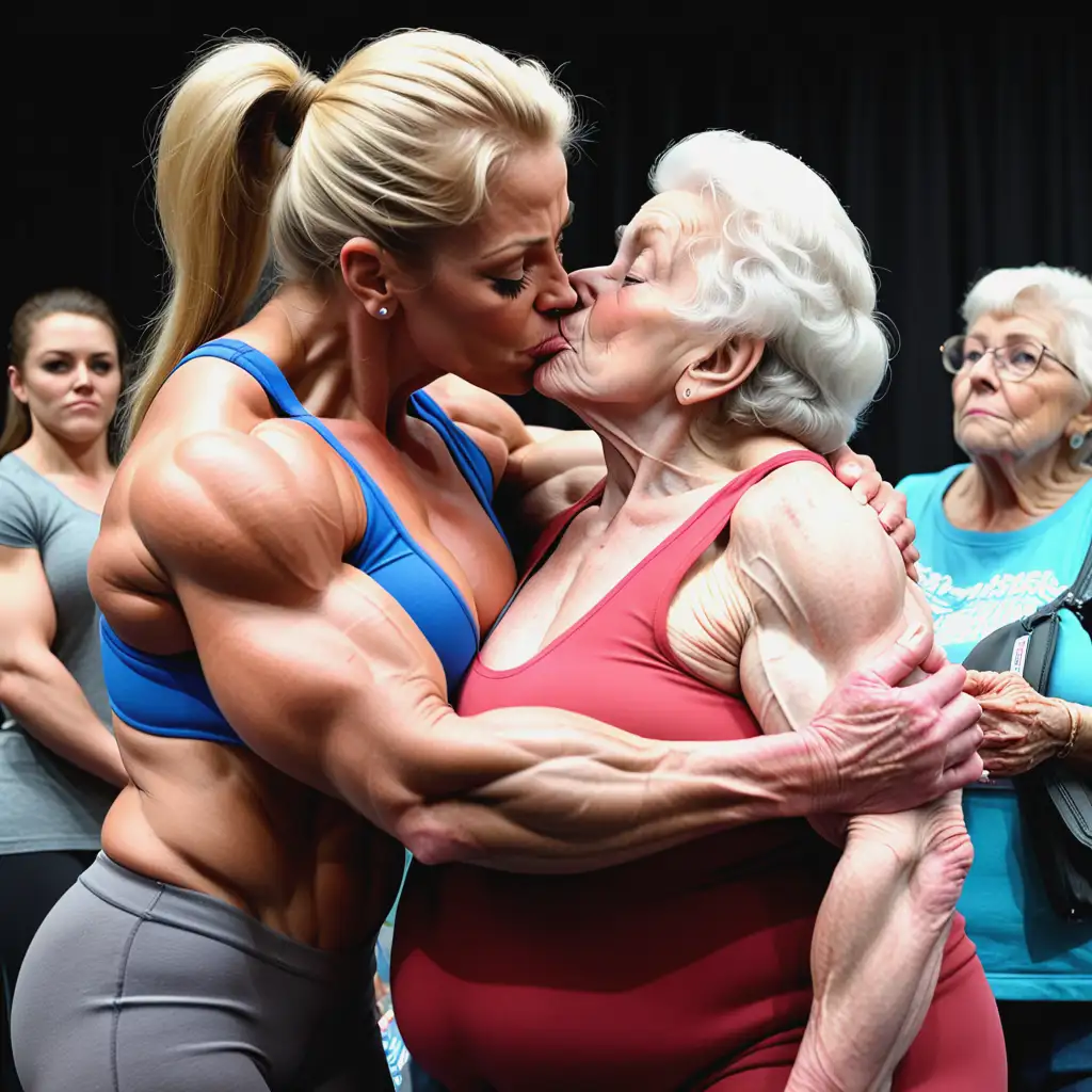 Young-Female-Bodybuilder-Hugged-by-Emaciated-Elderly-Woman