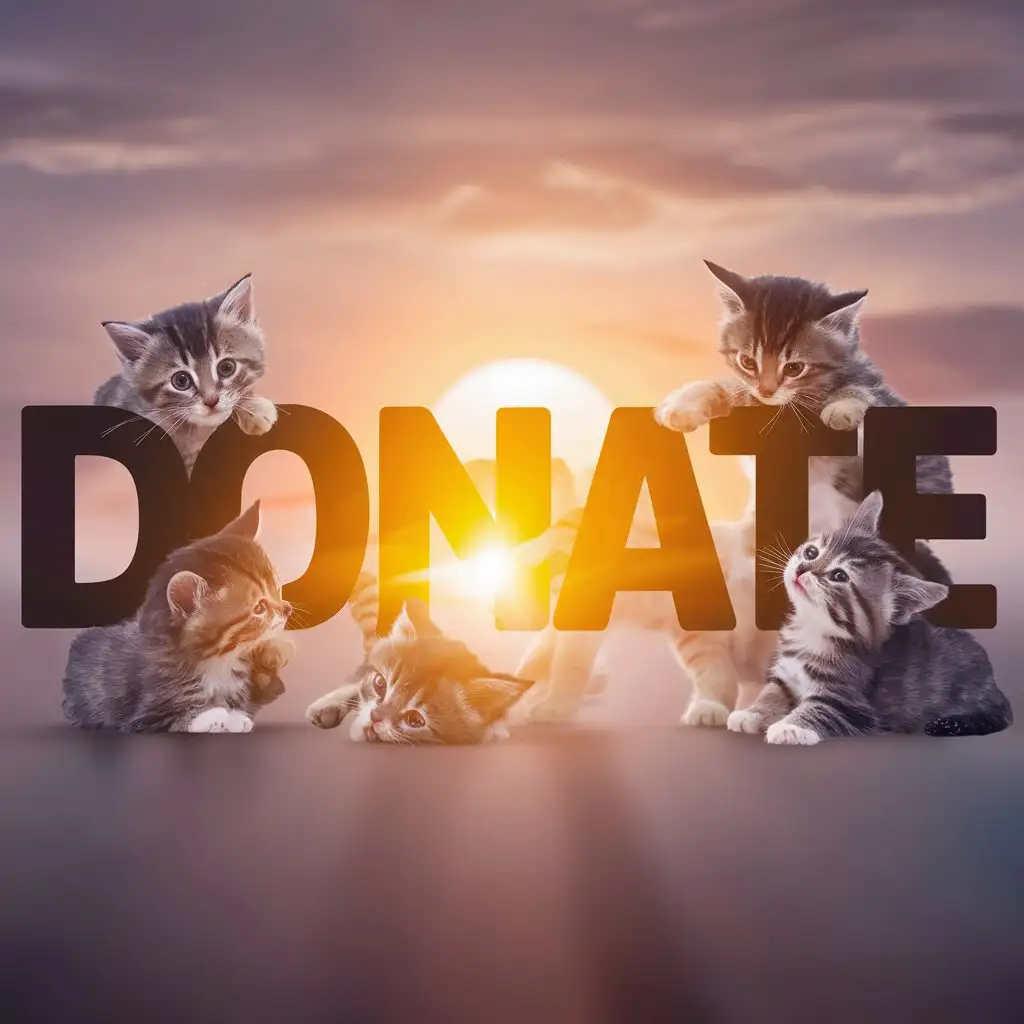 Kittens-Surrounding-DONATE-Sign-with-Sunset-Background