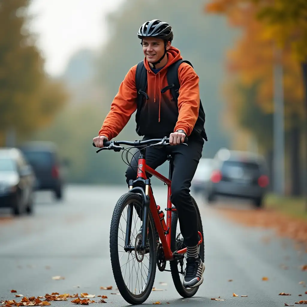 a young guy 20 years old, riding a bicycle