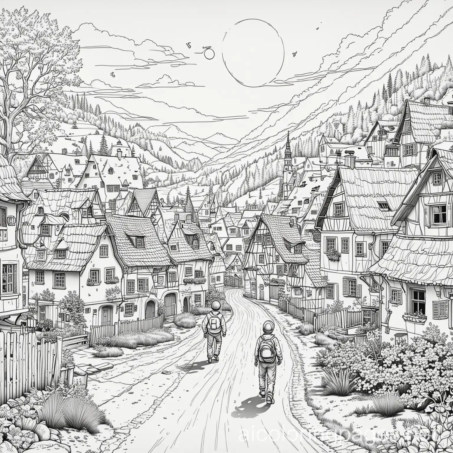 Village in Germany with people, Coloring Page, black and white, line art, white background, Simplicity, Ample White Space. The background of the coloring page is plain white to make it easy for young children to color within the lines. The outlines of all the subjects are easy to distinguish, Coloring Page, black and white, line art, white background, Simplicity, Ample White Space. The background of the coloring page is plain white to make it easy for young children to color within the lines. The outlines of all the subjects are easy to distinguish, making it simple for kids to color without too much difficulty