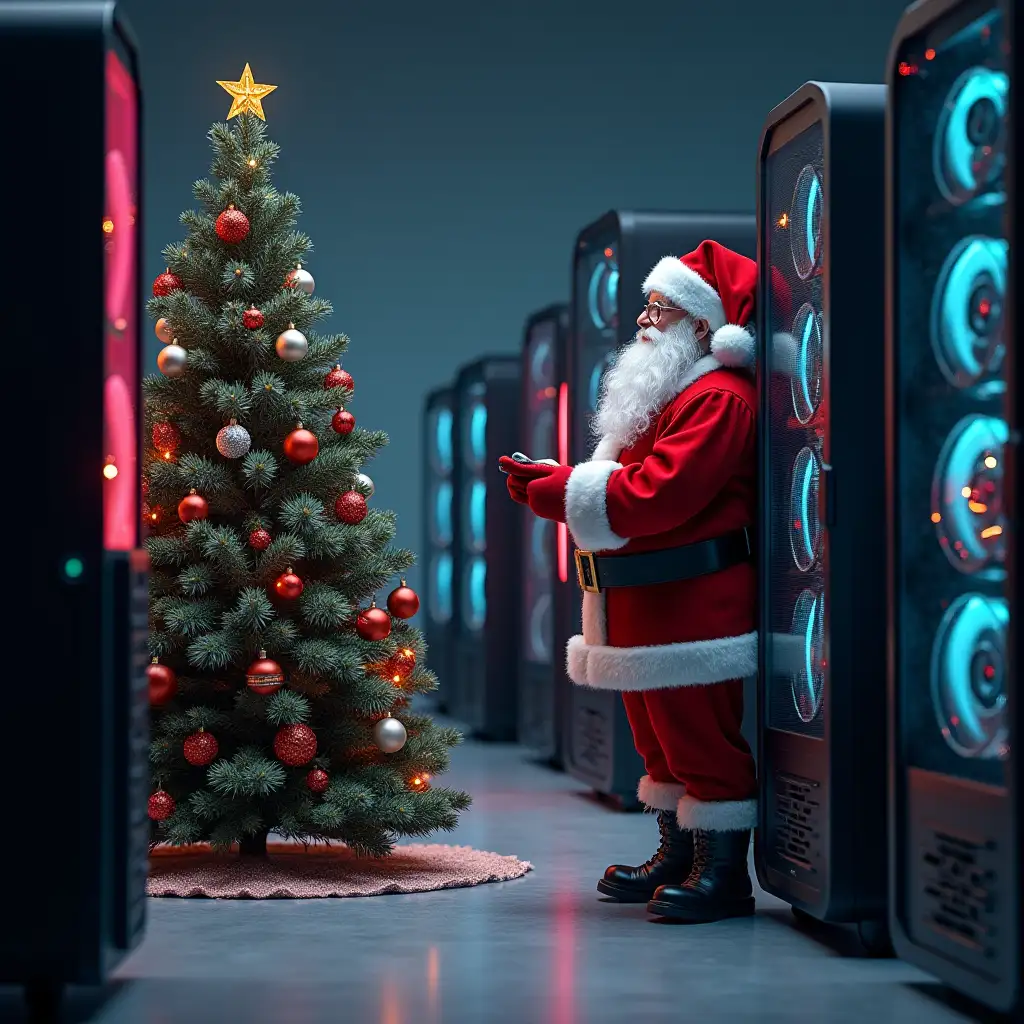 Picture where many of computer racks, also add Santa Claus, and christmas tree