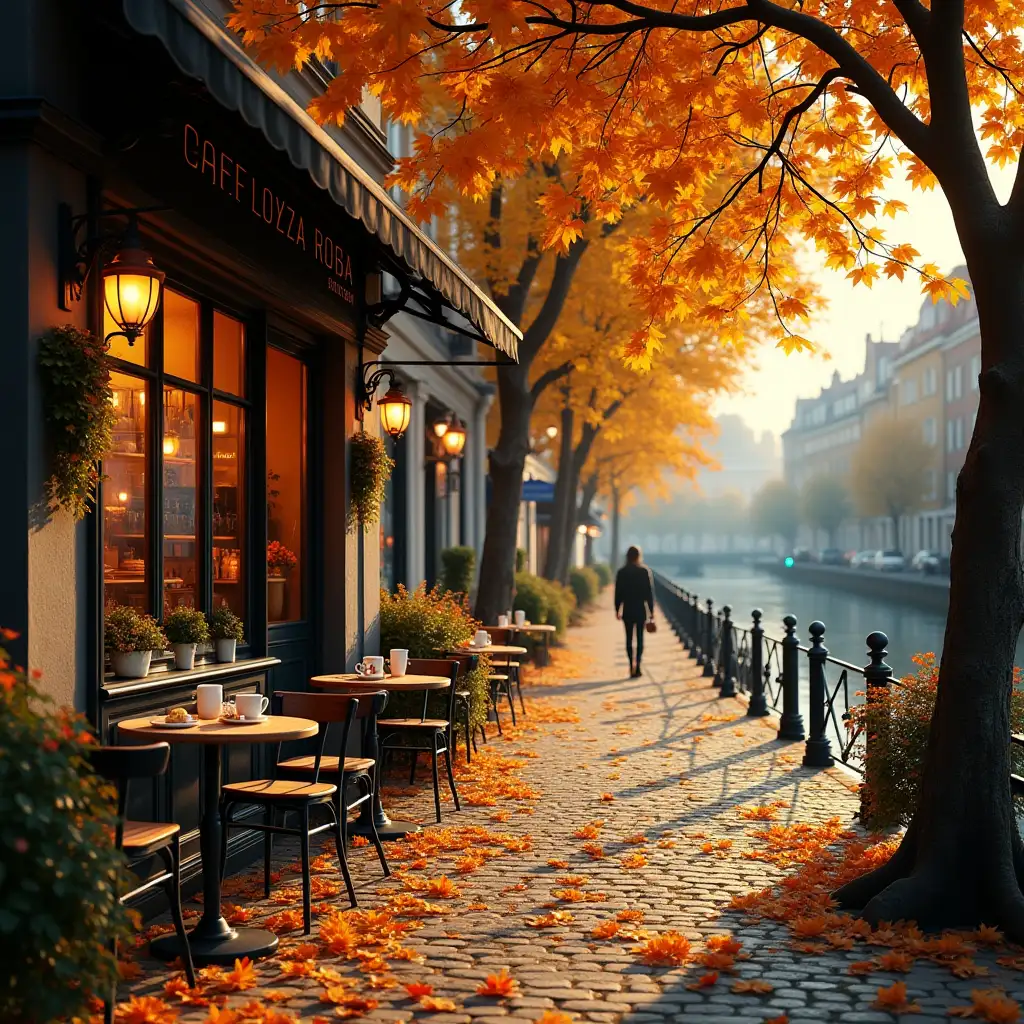 AutumnAutumn-European-street-caf-European-Street-Caf-with-Golden-Leaves-and-River-Reflection