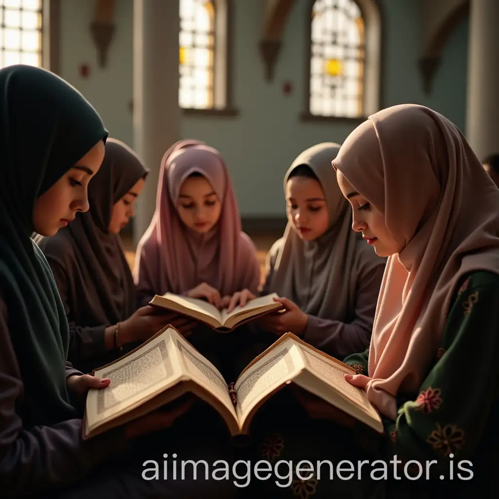 a circle of young realistic muslim girls reading Quran in the mosque, covering her heads with hijab