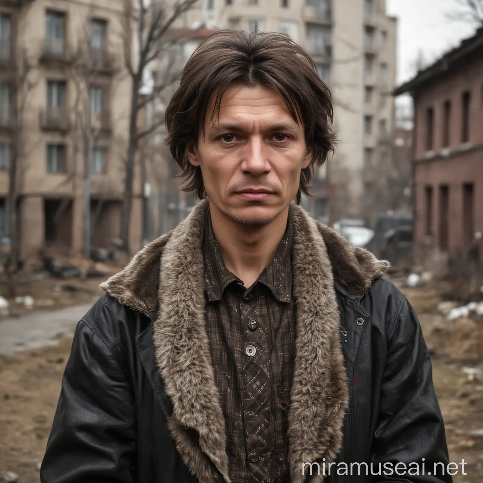 Moscow Hillbilly Father with Two Children in Urban Setting