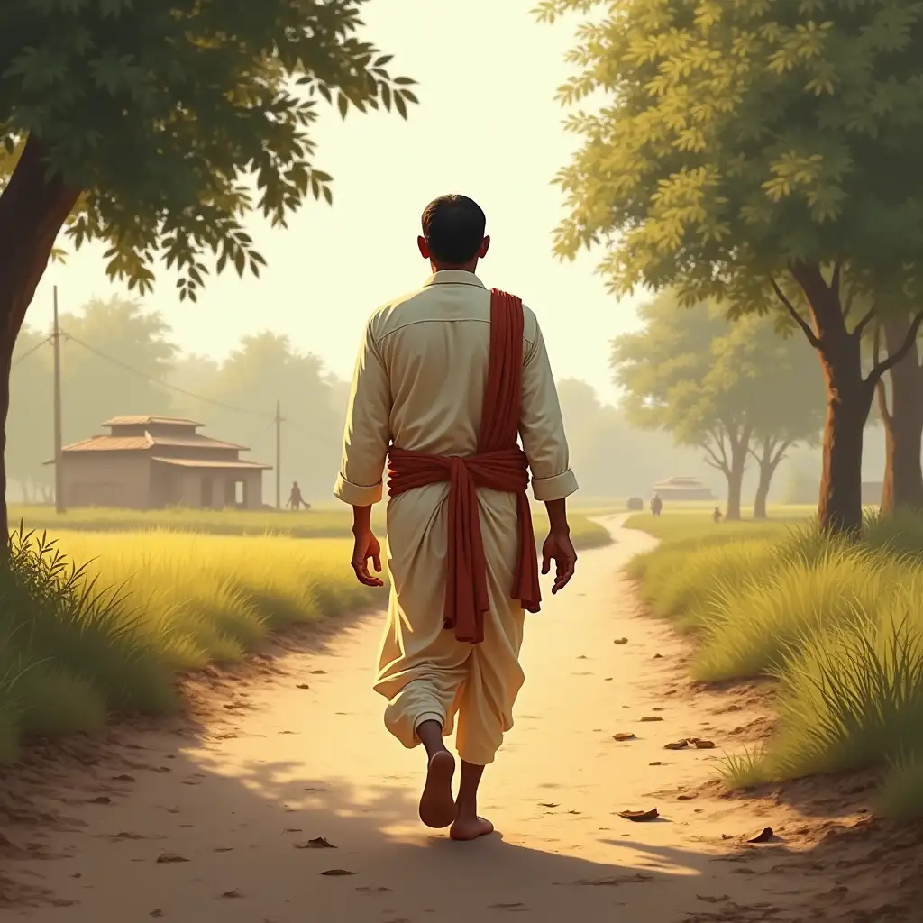 Create a detailed image of a man walking away, seen from behind, wearing a traditional dhoti and kurta. The dhoti is neatly draped, and the kurta is simple yet elegant, in light, earthy tones. His posture is upright and relaxed, suggesting a leisurely walk. The setting is a serene rural pathway, lined with trees and fields, under a soft, golden morning or evening light. The environment includes small details like a dirt path, scattered leaves, and distant village houses fading into the background.