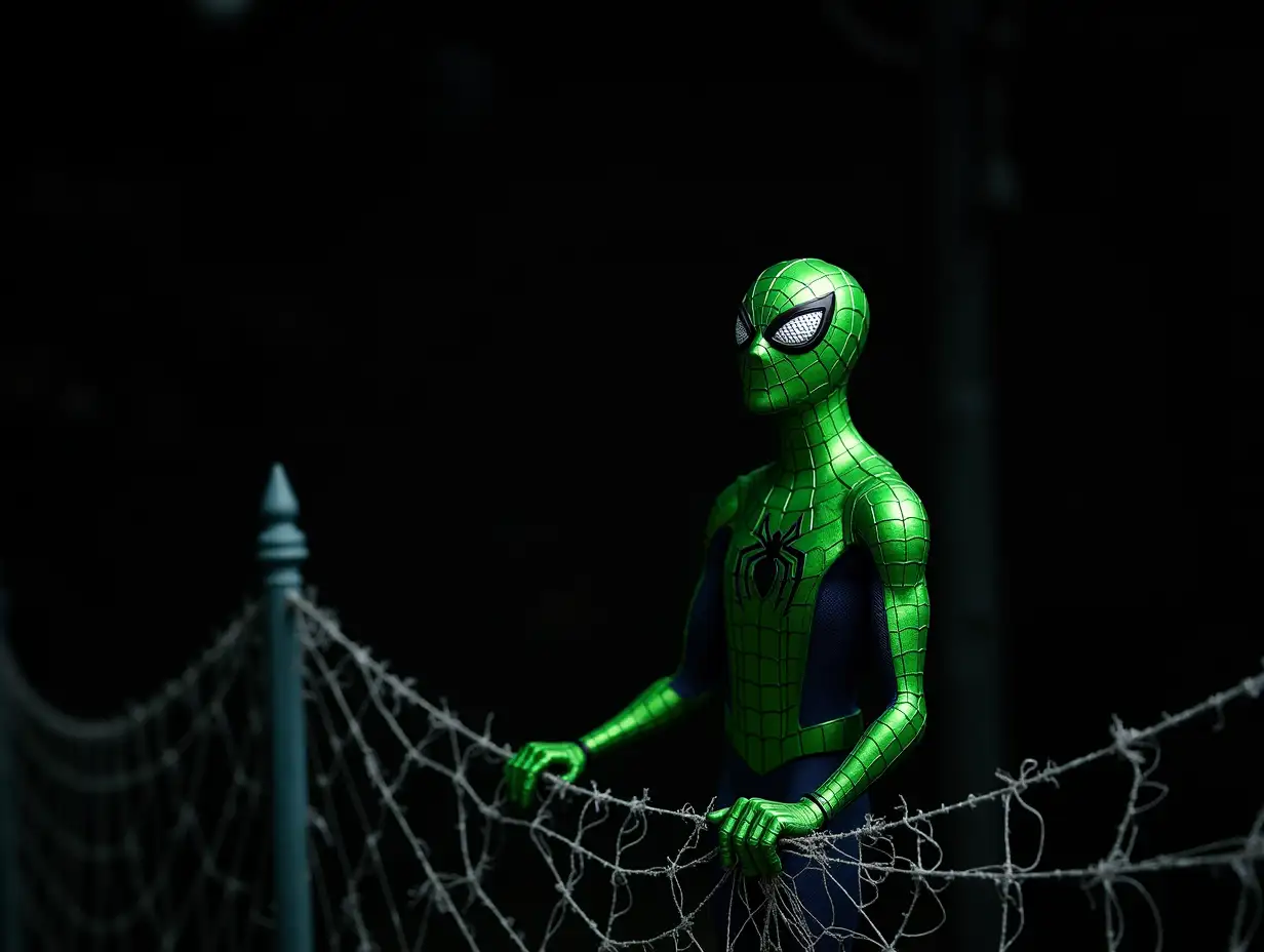 Spiderman in green on a fence with spiderwebs black background