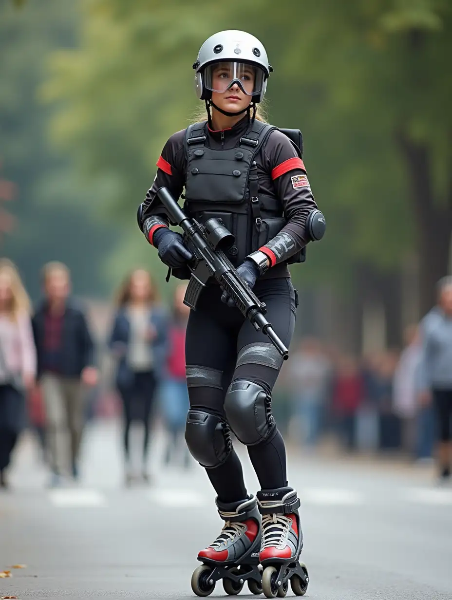 a 17 year old airsoft geared woman at a distance, she is skating on a street, holding a weapon, ordinary people in background, clothes have racing colors, she is wearing lots of functional sportswear, cycling gloves, airsoft helmet with transparent visor over eyes, smartwatch, thick plastic knee pads, modern inline skates with complete organized wheels