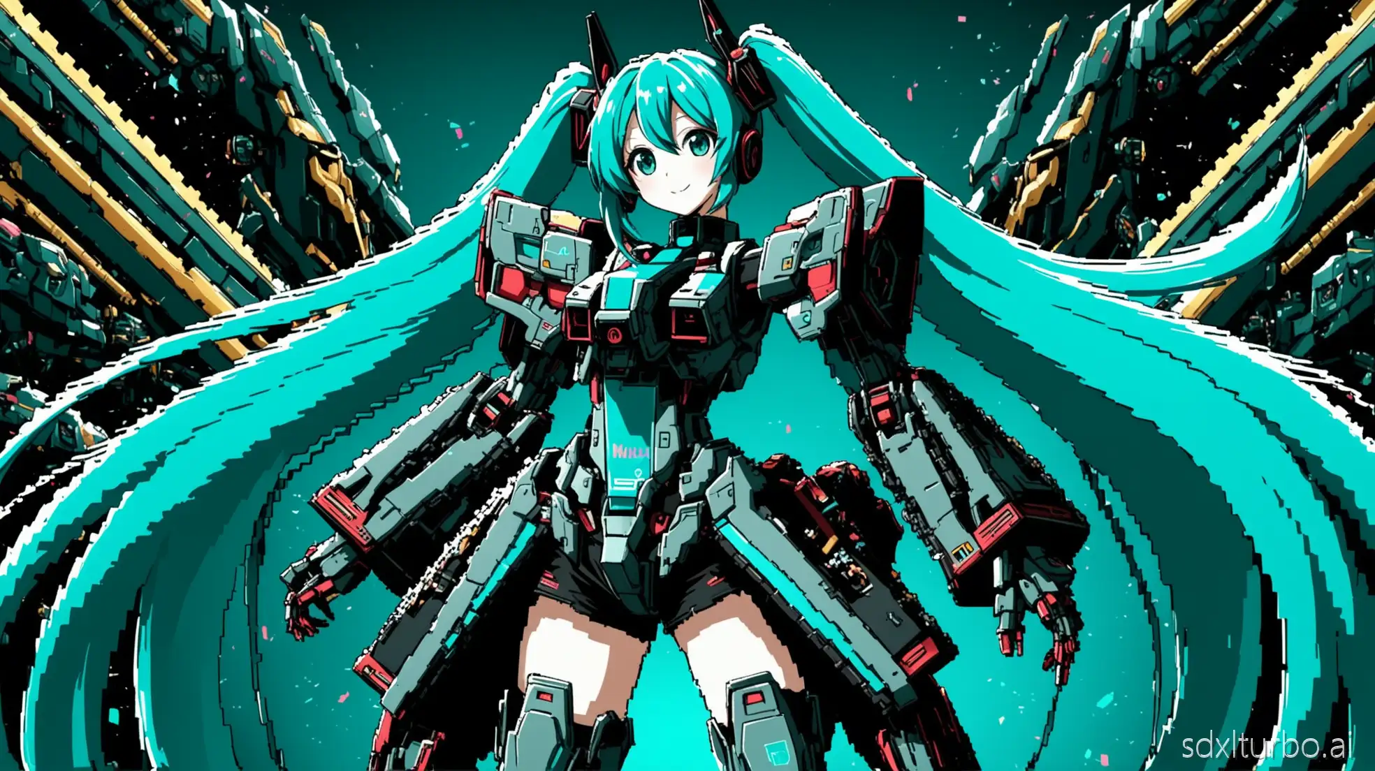 Hatsune Miku wearing a mecha-themed outfit with background black and turquoise green