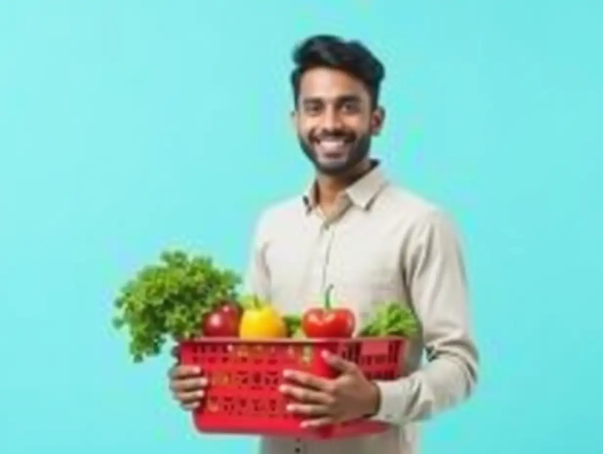 Full body young smiling happy Indian man he wearing shirt hold red basket with food products vegetables look camera isolated on plain pastel blue background. Delivery service from shop or restaurant.