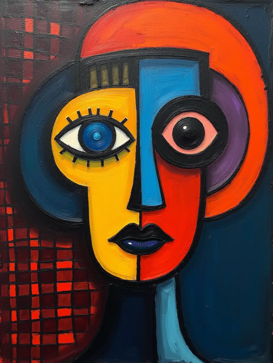 A picture on a checkered background, a strip, primitively schematic, minimalism, avant-garde, face, portrait, enormous protruding eye, shadow, plasma, darkness in the style of Kandinsky, Malevich, simplified for a beginner artist with multicolored acrylics, constructivism abstract, rather dark
