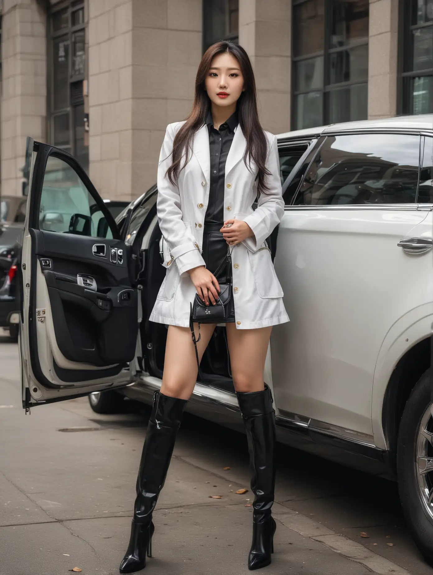 Elegant-Korean-Secretary-in-Luxury-Limousine-Exiting-with-Graceful-Pose